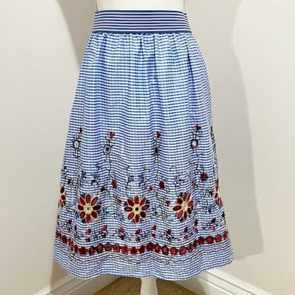 Magic Blue & White Gingham Plaid Skirt w/ Floral Embroidery - Picture 1 of 5